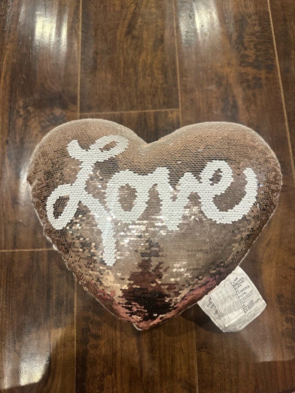 Sequin Heart Accent Pillow with "Love" Script - Rose Gold/White
